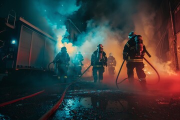 Team of firefighters responding to an emergency call in the middle of the night, rushing to extinguish a blaze and save lives, Generative AI - obrazy, fototapety, plakaty