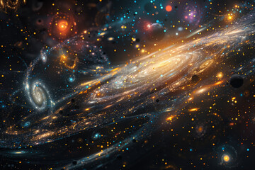 Colorful planets and rotating galaxies in the universe - obrazy, fototapety, plakaty