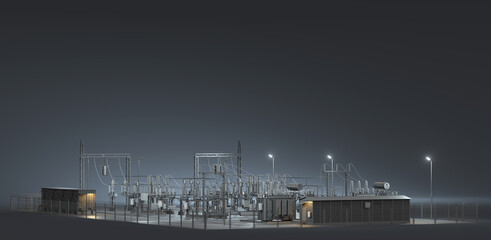 Electrical distribution substation on a dark background with copy space. Template for industrial design. 3d illustration