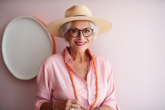 Portrait of a happy senior woman in hat and glasses against pink wall