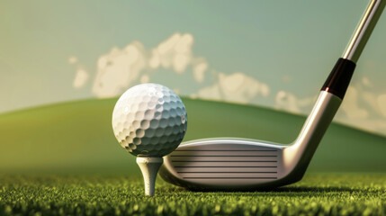 A golf ball lies on the tee on a green field. Sports concept. - obrazy, fototapety, plakaty