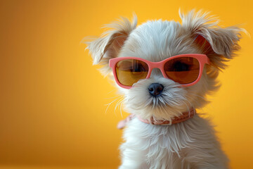 Funny puppy in  yellow sunglasses on the yellow background. The concept of a summer vacation on the seashore. Recreation with animals. Close-up, template with space for text.