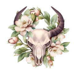 Bohemian bull skull. Western bull with flowers. Isolated on white. Boho skull style. Hand drawn illustration. - 758557095