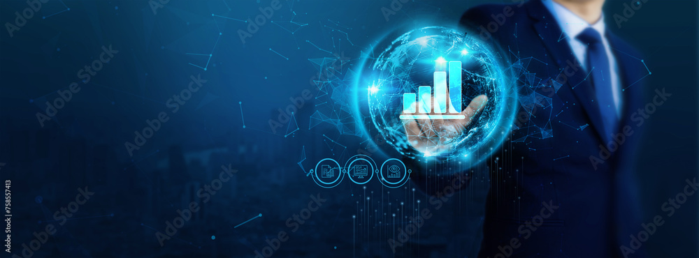 Poster businessman touch virtual data analytics network connection icons. develop people awareness and spre