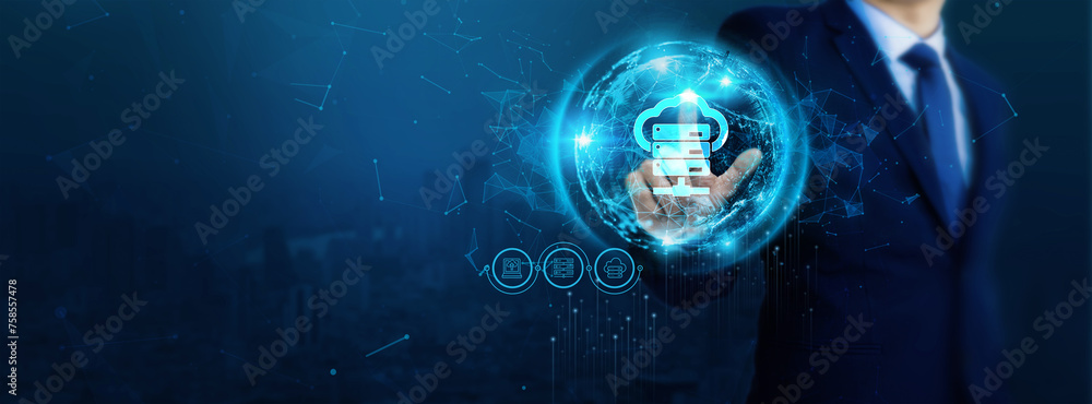 Poster businessman touch virtual hosting network connection icons. develop people awareness and spread atte