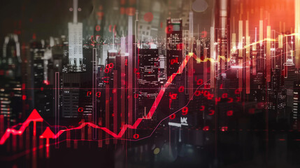 Technological hologram over the city panorama. Diagram against the background of the city. Concept for the development of coding and high technology. Double exposure.