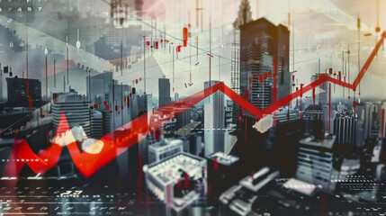 Technological hologram over the city panorama. Diagram against the background of the city. Concept for the development of coding and high technology. Double exposure.