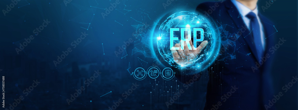 Poster enterprising businessman seeks to optimize erp network for business service management. digital tech