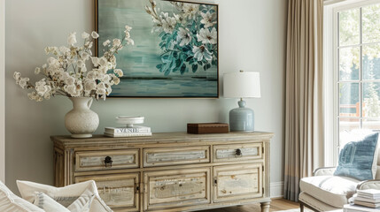 Minimalist interior of a corner in the living room with a TV and a large chest of drawers and decor in the form of a vase with flowers. Design and interior concept.