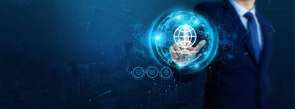 Businessman touch virtual telecommunications network connection icons. Develop people's awareness and spread attention on the importance of advanced communication technology, 