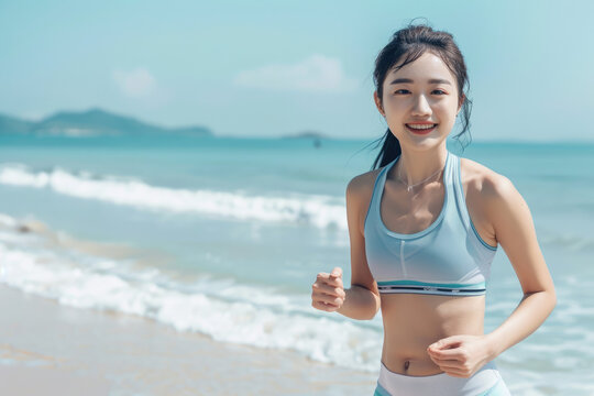 Picture of young attractive asian fitness girl jogging with sea on background
