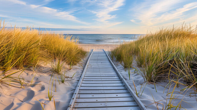 A wooden path leading to the sea with wild grass on either side. Natural landscape. Sea view. Nature concept.
