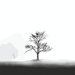 A dramatic black and white photo of a lone tree s