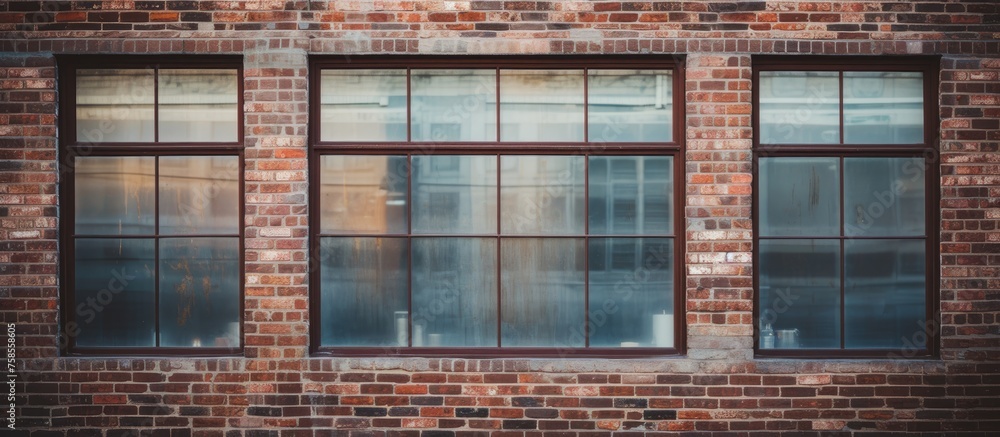 Poster the brick building is adorned with numerous rectangular windows, adding a touch of elegance to its s