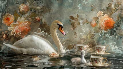 Swan amidst Porcelain Teacups, Whimsy Infused with Classic Refinement
