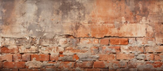 Naklejka premium A detailed view of a brown brick wall with peeling paint, showcasing the natural landscape of wood, rock, and soil with an artistic touch