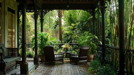 Tranquil New Orleans Veranda Surrounded by Lush Bamboo and Greenery Invites Relaxation in All Seasons - obrazy, fototapety, plakaty
