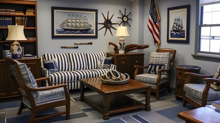 Nautical-Inspired Office Serene Maritime Decor with Teak Furnishings and Naval Accents