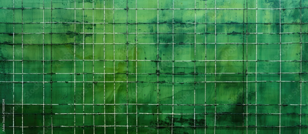 Poster a closeup image of a green terrestrial plant wall with a grid pattern made up of mesh or net materia