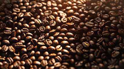 Top view of the background. Roasted coffee beans with a pleasant aroma. Dark brown grains on a wooden background exposed to sunlight.