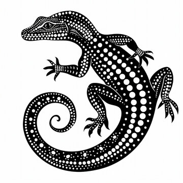 Australian Aboriginal dot painting style art minimalistic logo of a goanna in black on a white background.