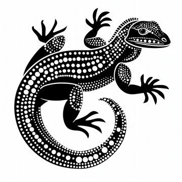 Australian Aboriginal dot painting style art minimalistic logo of a goanna in black on a white background.