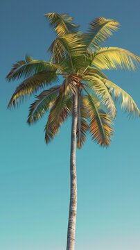 A tall palm tree stands out against a clear blue sky in the background. Copy space. Backdrop, background.