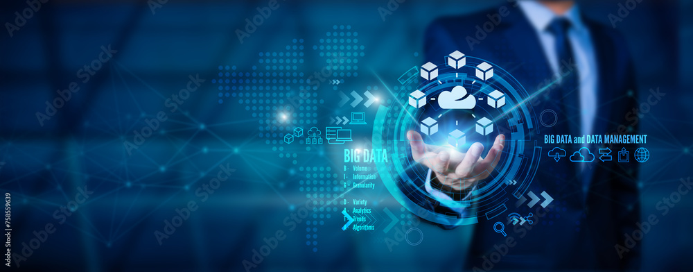 Poster businessman hand holding cloud computing online, connecting to big data analytics. block chain netwo
