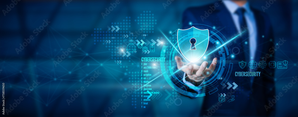 Poster businessmen and fingerprint scanning unlock and access the business data network. cloud. biometric i