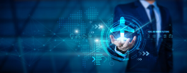 Business trip concept with a businessman's travel icons about travel planning, transportation, hotels, flights, and passports.