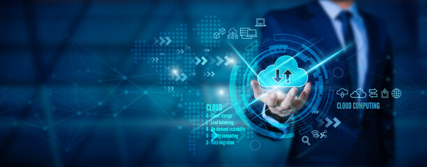 Cloud connection technology, data transfer cloud computing technology, Business data communication on social networks, Server and storage, Internet security, and the cloud computing concept.