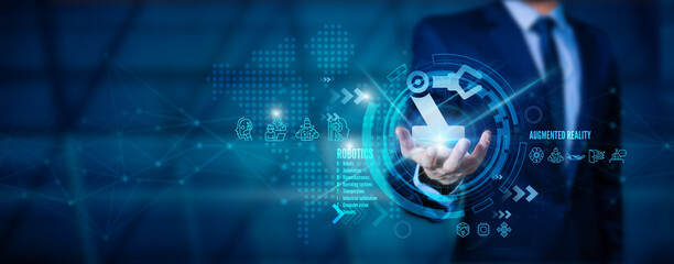 Control robotics with monitoring system software and an icon industry network connection on tablet. AI, Artificial Intelligence, automation, robot arm.