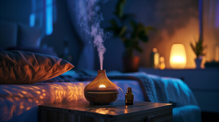 Steam rises from an essential oil diffuser on a bedside table, creating a tranquil evening setting. Copy space. Lavender oil concept for good sleep.