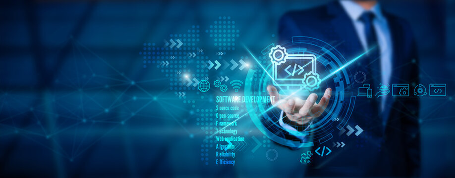 Businessmen are icons of software development. Analyzing software coding and development at various information on futuristic virtual interfaces Data scientists. Algorithm.