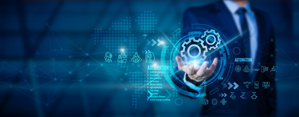 Robotic Automation (RPA) technology to automate business tasks with AI. Concept with experts setting up automated software. Digital transformation and change management.