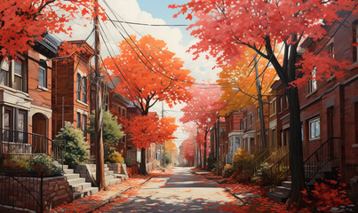 Colorful watercolor, city street with autumn trees. - obrazy, fototapety, plakaty