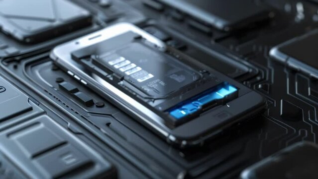 A closeup of a compact sleek smartphone featuring a graphene battery providing increased battery life and minimizing unnecessary energy consumption.