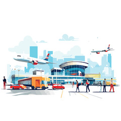 A flat vector illustration of a bustling airport 
