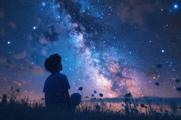 Fototapeta na wymiar A young man sitting on the grass Look at the sky and the stars