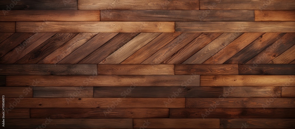 Poster A detailed shot of a brown hardwood wall featuring a chevron pattern created with rectangular planks. The varying tints and shades add depth to the building material