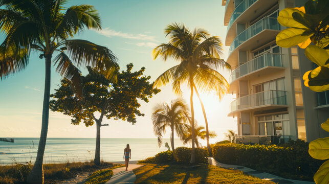 A woman walks along the sidewalk in front of a building with palm trees. The scene is bright and sunny. Vacation, relax concept.