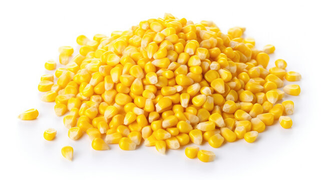 Pile of delicious yellow corn kernels seeds isolated on white background created with Generative AI Technology