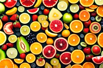 Fototapeta na wymiar A detailed view of a variety of fruit slices. This image can be used to showcase the vibrant colors and freshness of different fruits. Ideal for food and beverage-related designs