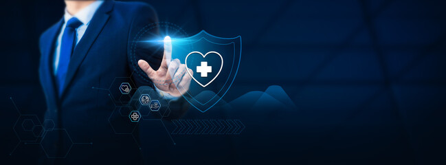 Healthcare professional's hand touches the medical protection shield with the safety network...