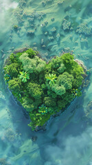 Aerial view of a heart shaped island surrounded by ocean. Backdrop, background. Valentine's Day.