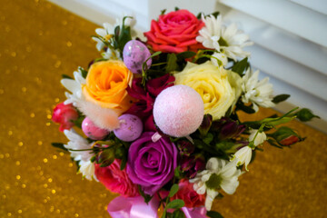 Happy easter! Flat Lay, Internet banner, postcard on Easter.  Bouquet of flowers and Easter eggs