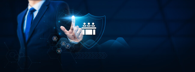 Public Servant's hand touch community protection shields with safety network connecting icons....