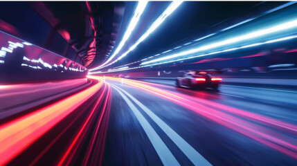 High-speed tunnel. Cars move quickly through an underground tunnel. Long exposure concept, bright...