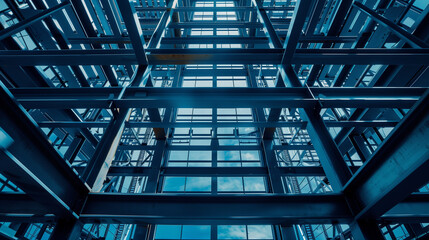 Naklejka premium A very tall building with numerous windows lining its facade, beams, creating a striking urban skyline. Backdrop, background.