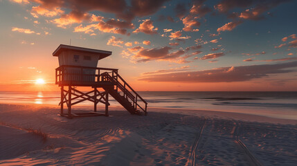 A lifeguard tower stands on a sandy beach under the sunset sky. Copy space.